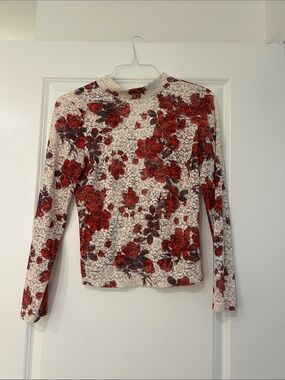 Zara Red Floral Mock Neck Long Sleeve Top on Cream